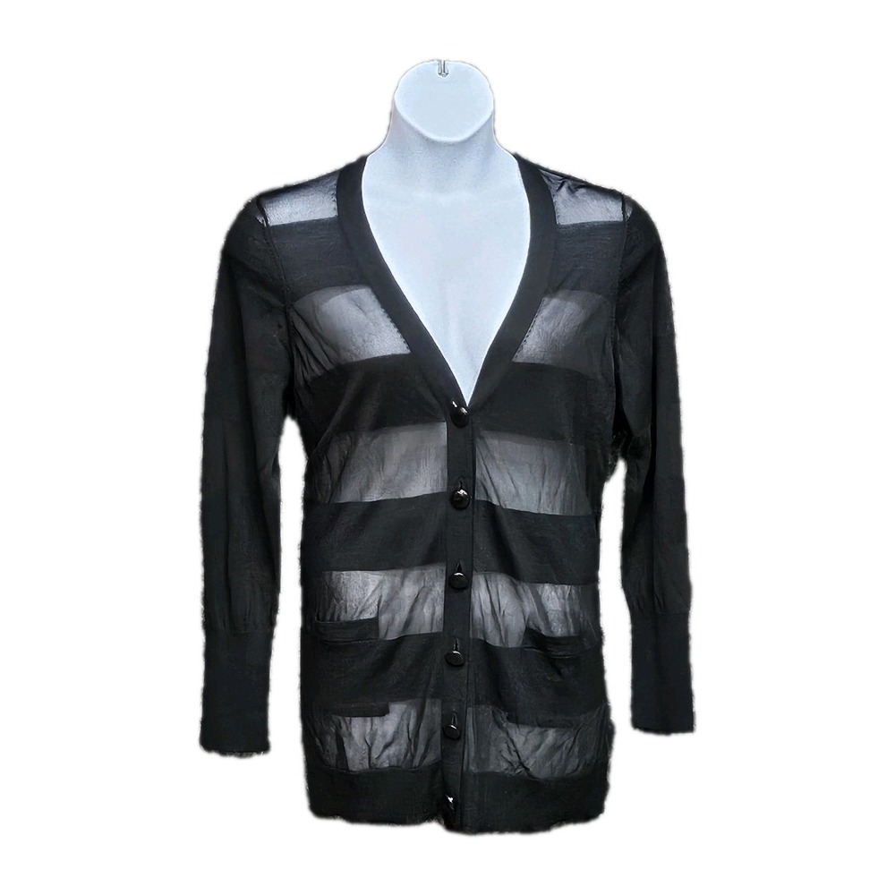 Jaeger Button Cardigan Women XL Sheer‎ Striped Wool Heritage Whimsigoth READ
